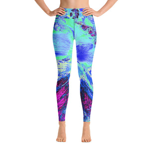 Yoga Leggings for Women, Psychedelic Retro Green and Blue Hibiscus Flower