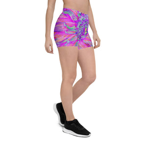 Spandex Shorts, Cool Pink, Blue and Purple Cactus Dahlia Explosion