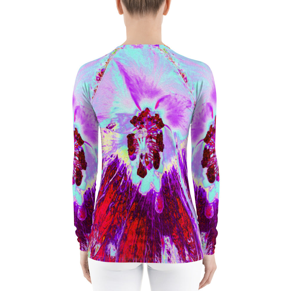 Floral Women's Rash Guard, Abstract Tropical Aqua and Purple Hibiscus Flower