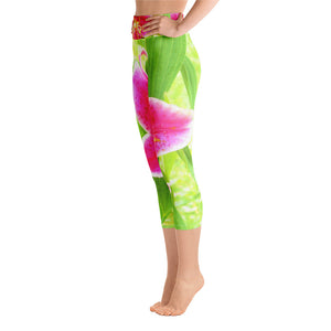 Capri Yoga Leggings for Women, Pretty Deep Pink Stargazer Lily on Lime Green