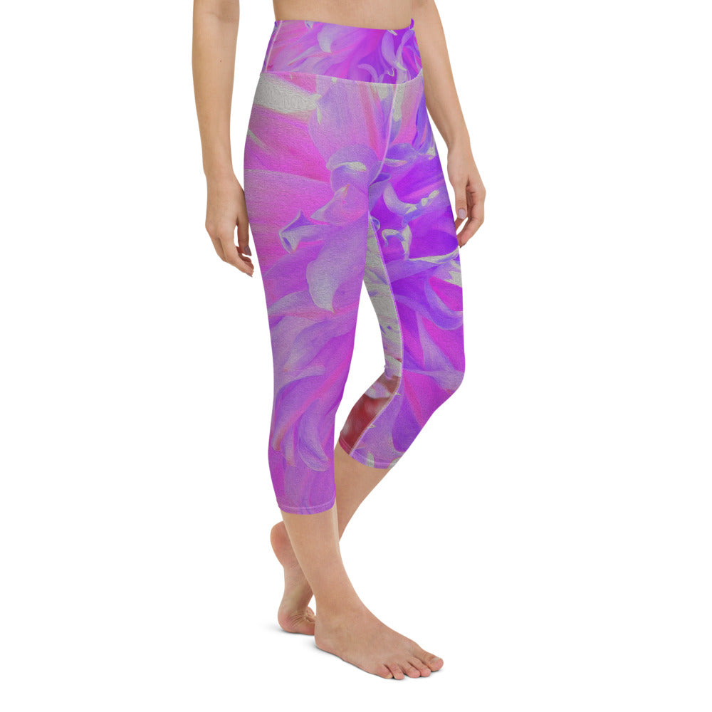 Capri Yoga Leggings, Elegant Ultra-Violet Decorative Dahlia Flower