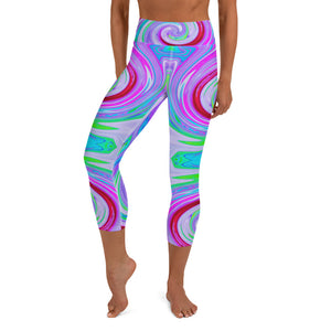 Capri Yoga Leggings, Groovy Abstract Red Swirl on Purple and Pink
