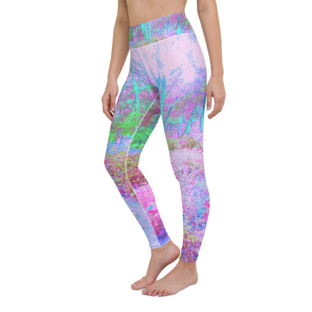 Yoga Leggings for Women, Impressionistic Pink and Turquoise Garden Landscape