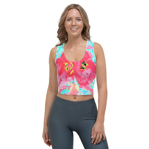 Cropped Tank Top, Two Rosy Red Coral Plum Crazy Hibiscus on Aqua