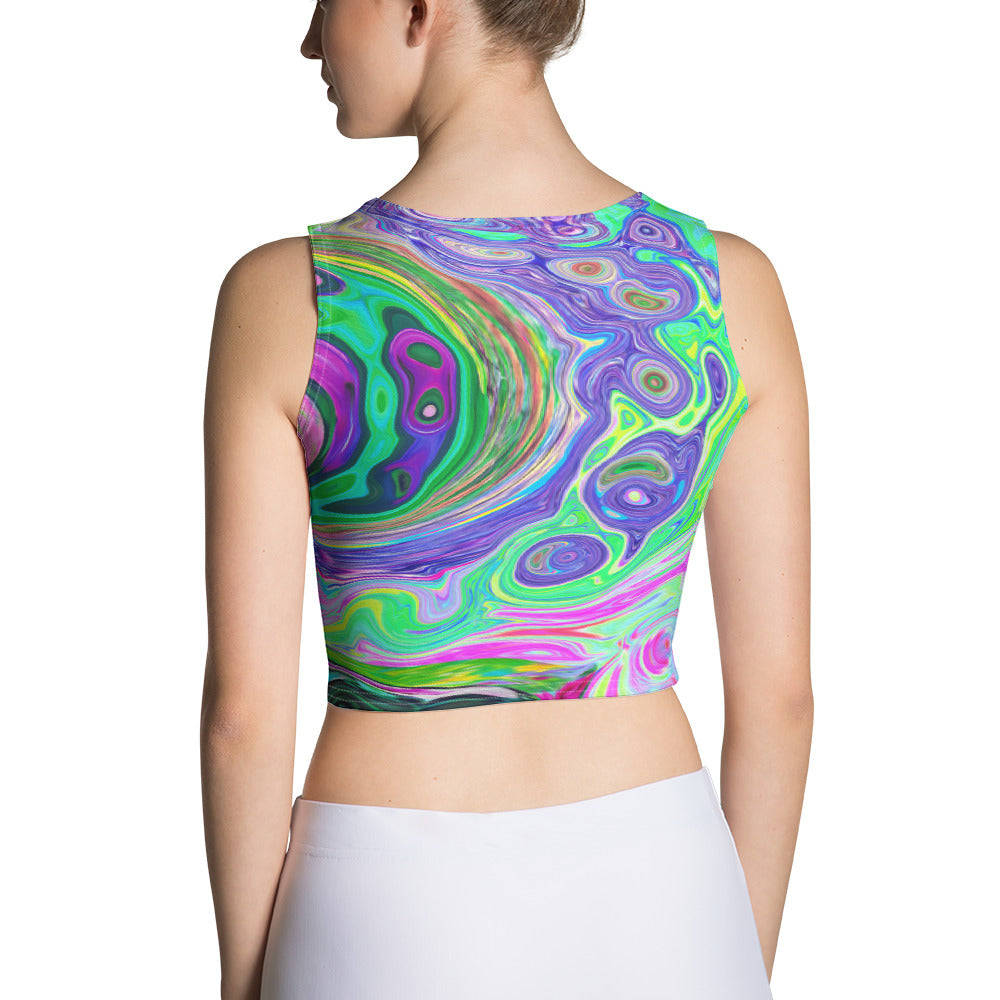 Cropped Tank Top, Groovy Abstract Aqua and Navy Lava Swirl