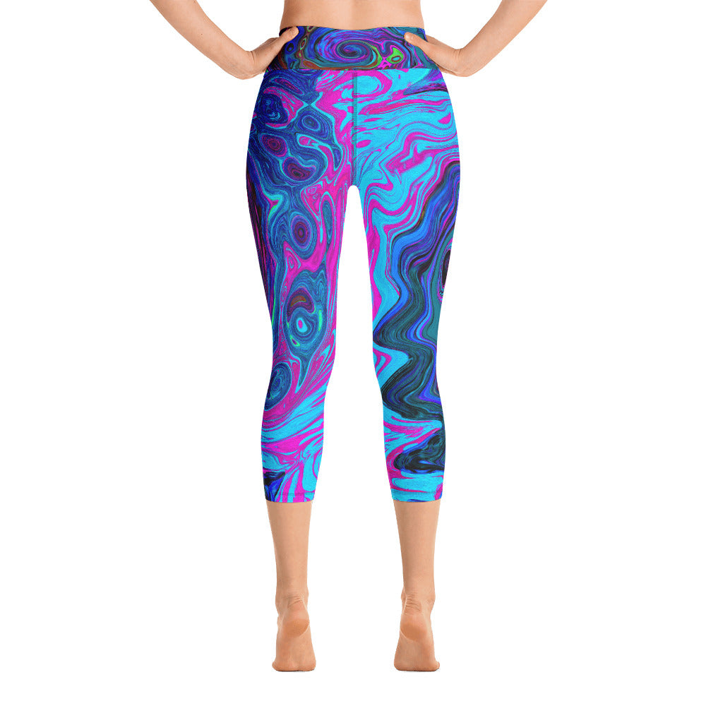 Capri Yoga Leggings, Groovy Abstract Retro Blue and Purple Swirl