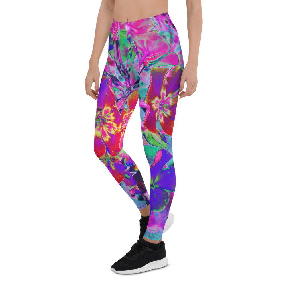 Leggings for Women, Psychedelic Colorful Red and Purple Flowers
