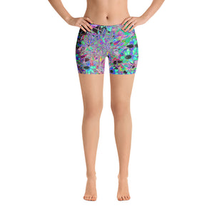 Spandex Shorts, Purple Garden with Psychedelic Aquamarine Flowers