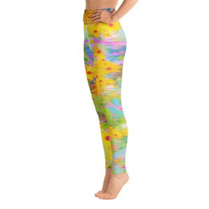 Yoga Leggings for Women, Pretty Yellow and Red Flowers with Turquoise