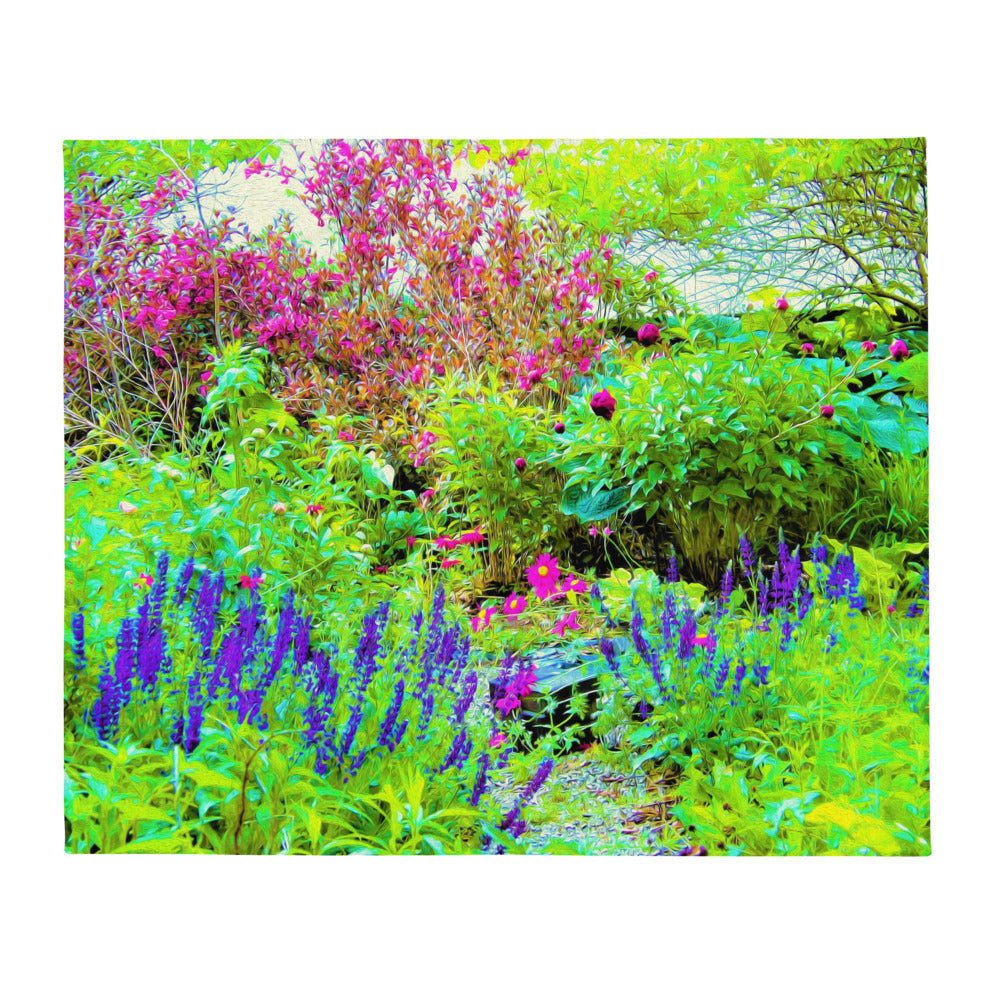 Throw Blanket, Green Spring Garden Landscape with Peonies