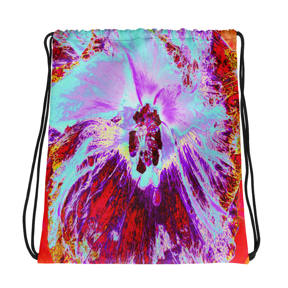 Floral Drawstring Bags, Abstract Tropical Aqua and Purple Hibiscus Flower