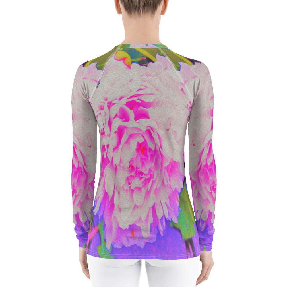 Women's Rash Guard, Electric Pink Peonies in the Colorful Garden