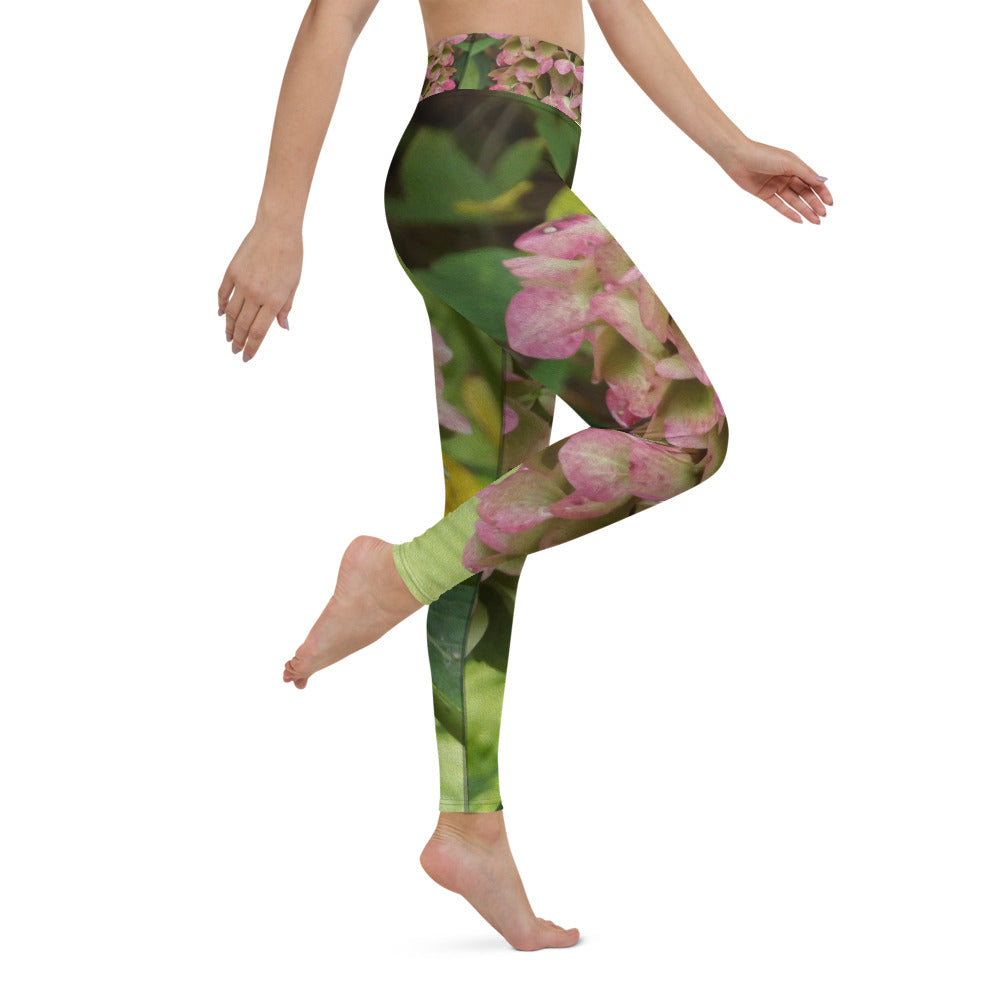 Floral Yoga Leggings for Women, Autumn Hydrangea Bloom with Golden Hosta Leaves
