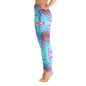 Yoga Leggings for Women, Hot Pink and Blue Succulent Sedum Detail