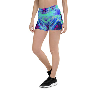 Spandex Shorts for Women, Psychedelic Retro Green and Blue Hibiscus Flower