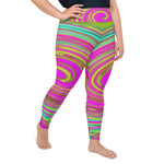 Plus Size Leggings, Groovy Abstract Pink and Turquoise Swirl with Flowers