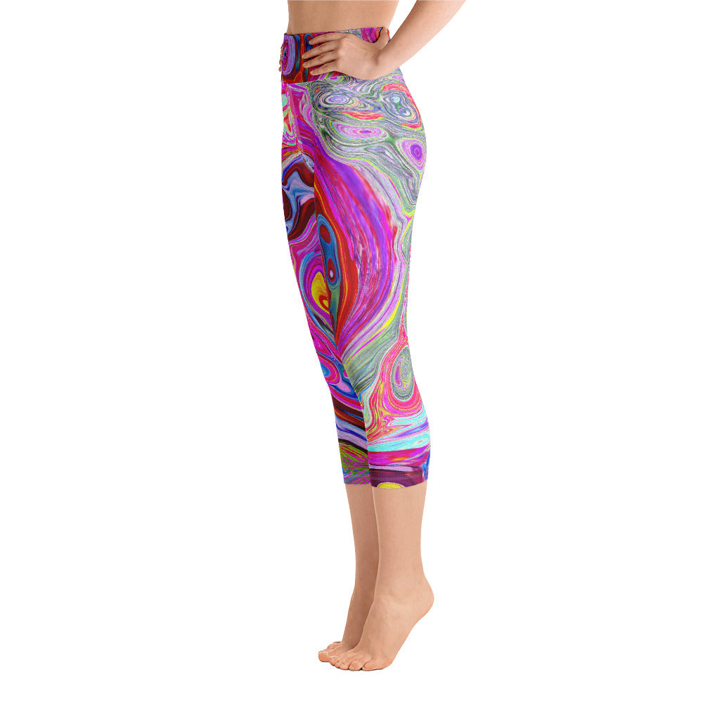 Capri Yoga Leggings, Groovy Abstract Retro Hot Pink and Blue Swirl