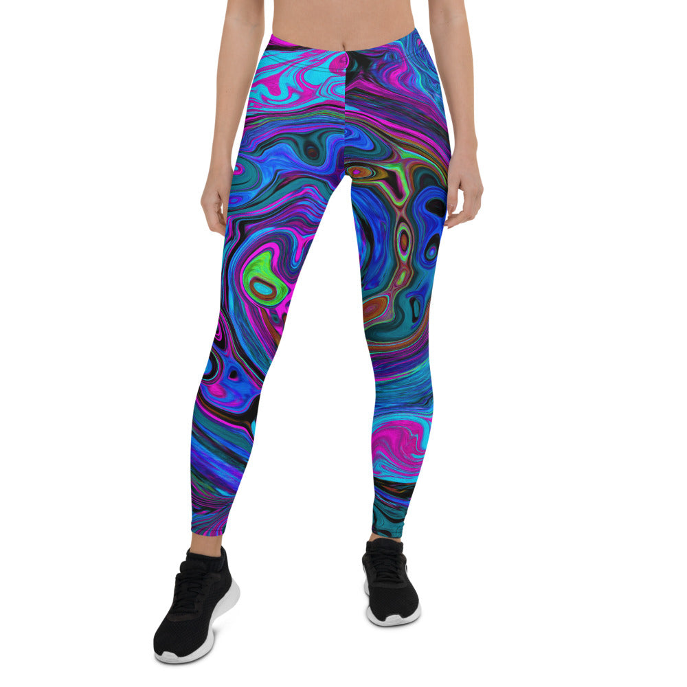 Leggings for Women, Groovy Abstract Retro Blue and Purple Swirl