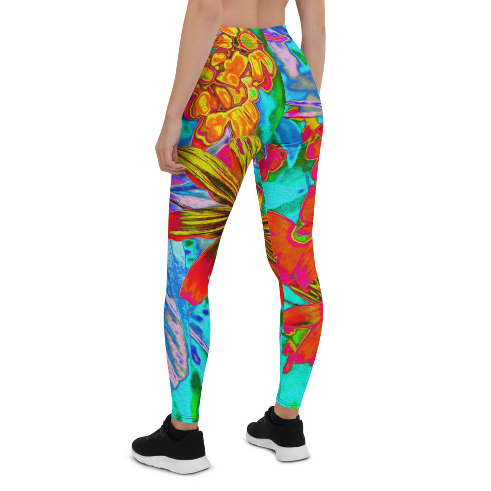 Leggings for Women, Aqua Tropical with Yellow and Orange Flowers