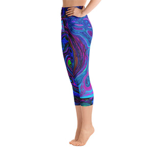 Capri Yoga Leggings, Groovy Abstract Retro Blue and Purple Swirl