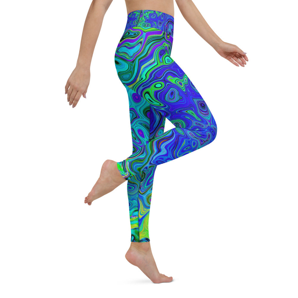 Yoga Leggings for Women, Trippy Violet Blue Abstract Retro Liquid Swirl