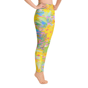 Yoga Leggings for Women, Pretty Yellow and Red Flowers with Turquoise
