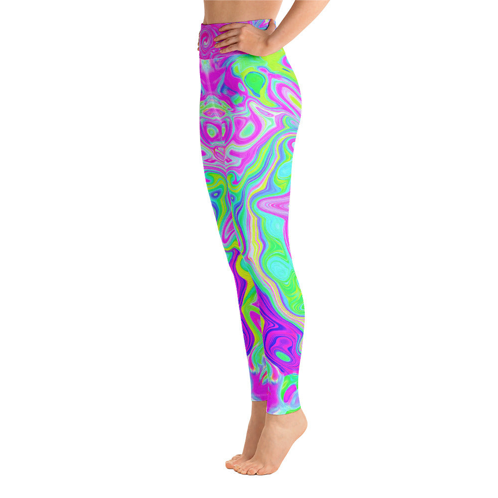 Yoga Leggings for Women, Groovy Aqua, Pink and Pastel Green Liquid Art