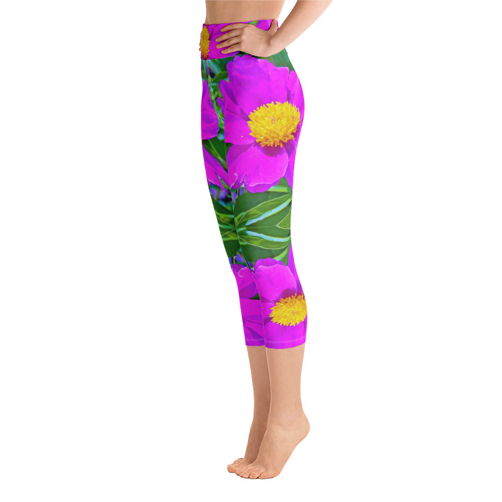 Capri Yoga Leggings, Brilliant Ultra Violet Peony with Yellow Center