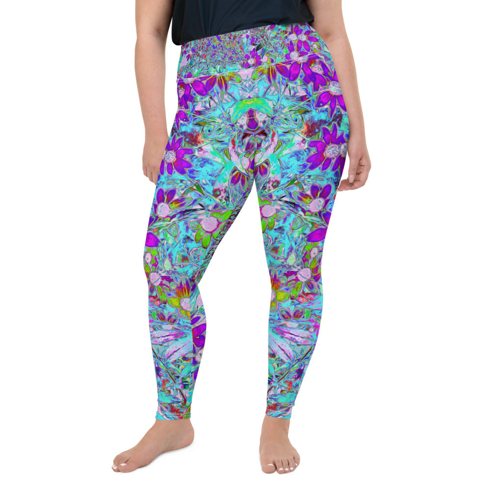 Plus Size Leggings, Aqua Garden with Violet Blue and Hot Pink Flowers