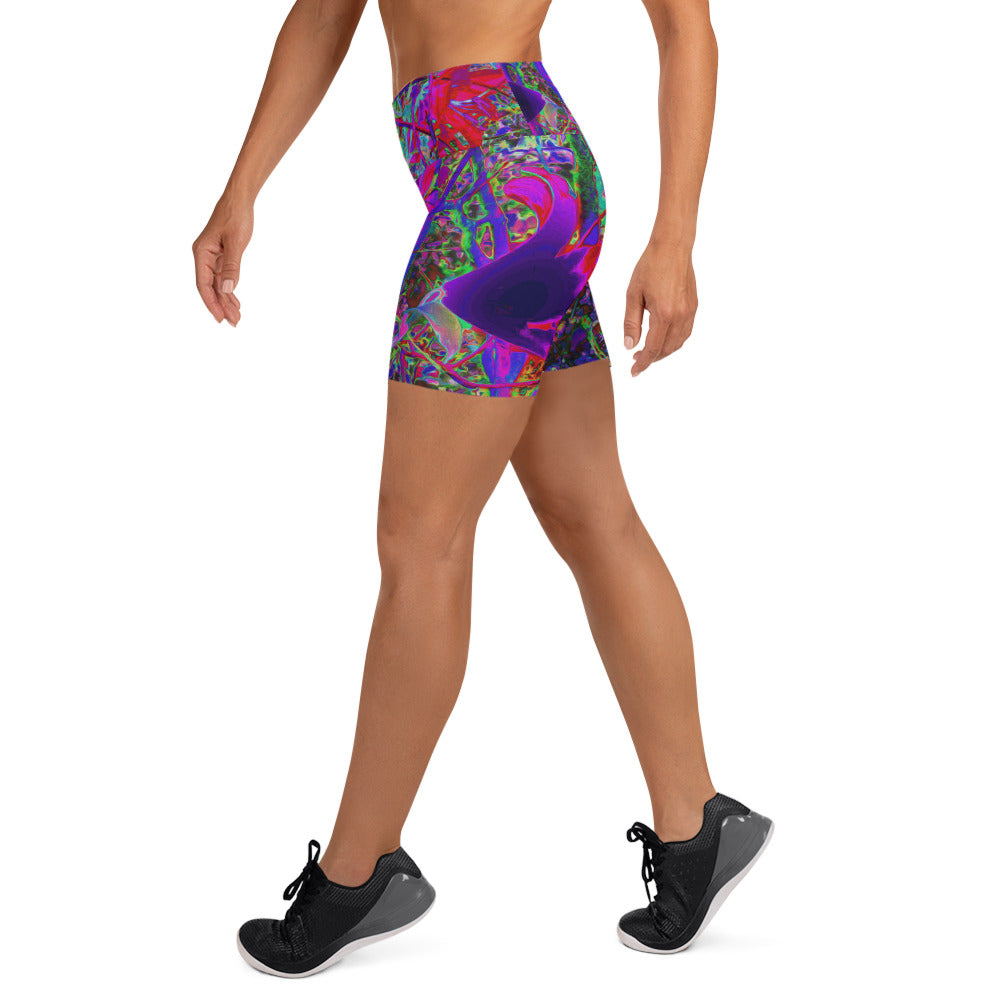 Yoga Shorts, Psychedelic Abstract Rainbow Colors Lily Garden