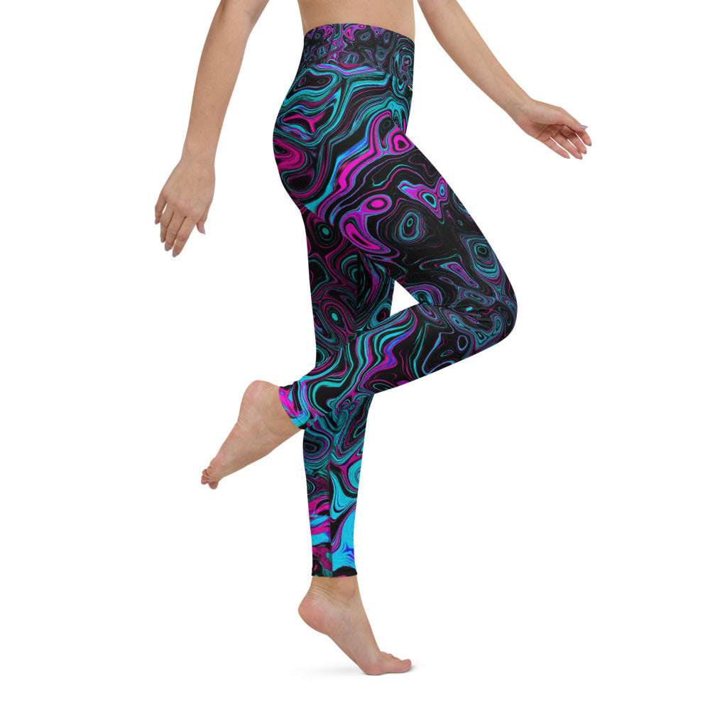 Yoga Leggings, Retro Aqua Magenta and Black Abstract Swirl