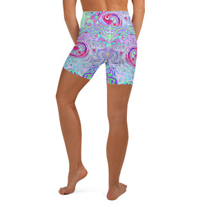 Yoga Shorts, Groovy Abstract Retro Pink and Green Swirl Pattern