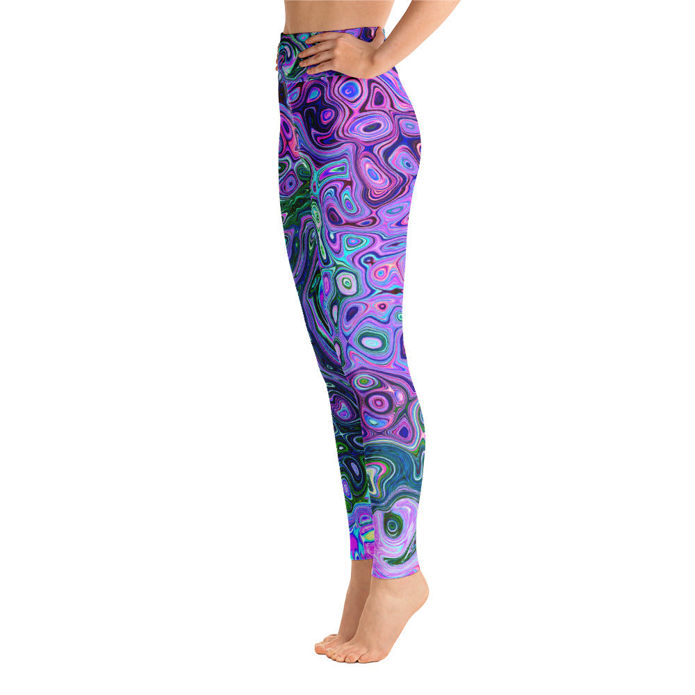 Yoga Leggings for Women, Groovy Abstract Retro Green and Purple Swirl