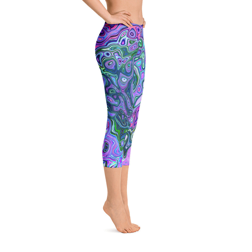 Capri Leggings, Groovy Abstract Retro Green and Purple Swirl
