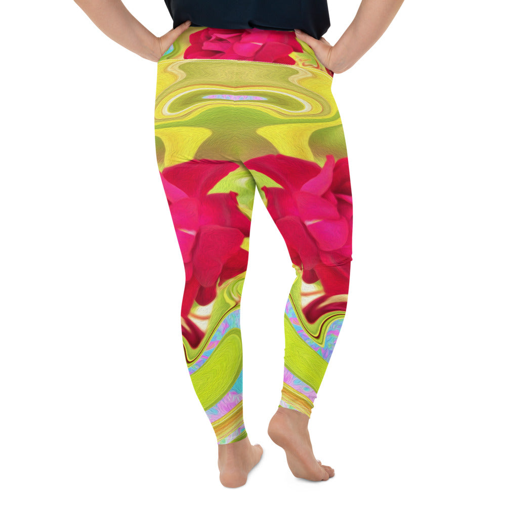 Plus Size Leggings, Painted Red Rose on Yellow and Blue Abstract