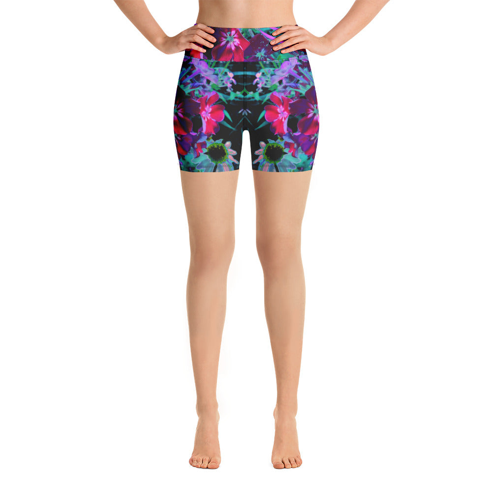 Yoga Shorts, Dramatic Red, Purple and Pink Garden Flower