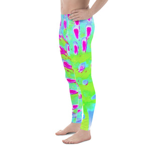 Men's Leggings, Lime Green and Purple Abstract Cone Flower