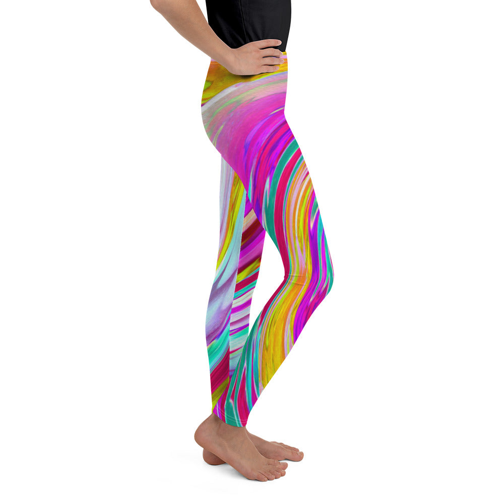 Youth Leggings, Colorful Fiesta Swirl Retro Abstract Design