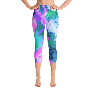 Capri Yoga Leggings, Pink, Green, Blue and White Garden Phlox Flowers