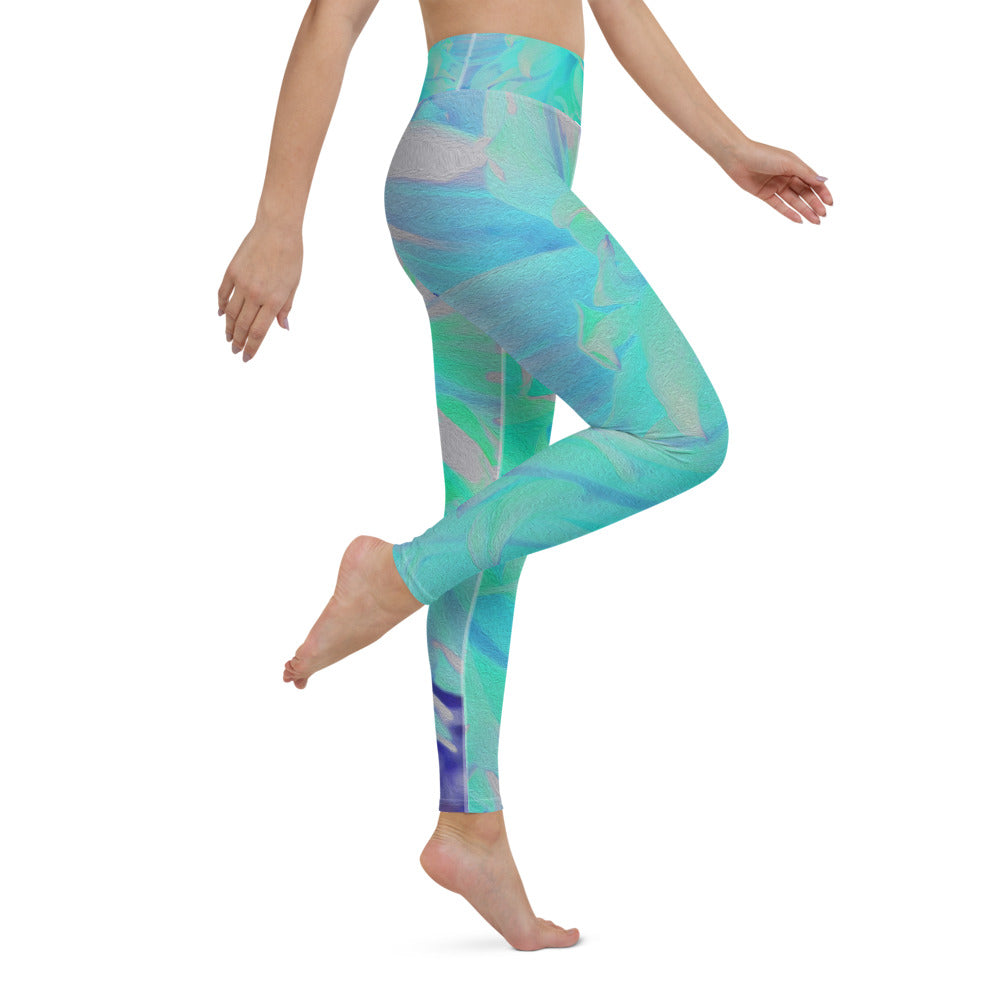 Yoga Leggings, Elegant Aquamarine Green and Blue Dahlia Flower
