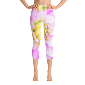 Capri Yoga Leggings, Pretty Pink, White and Yellow Cactus Dahlia Macro
