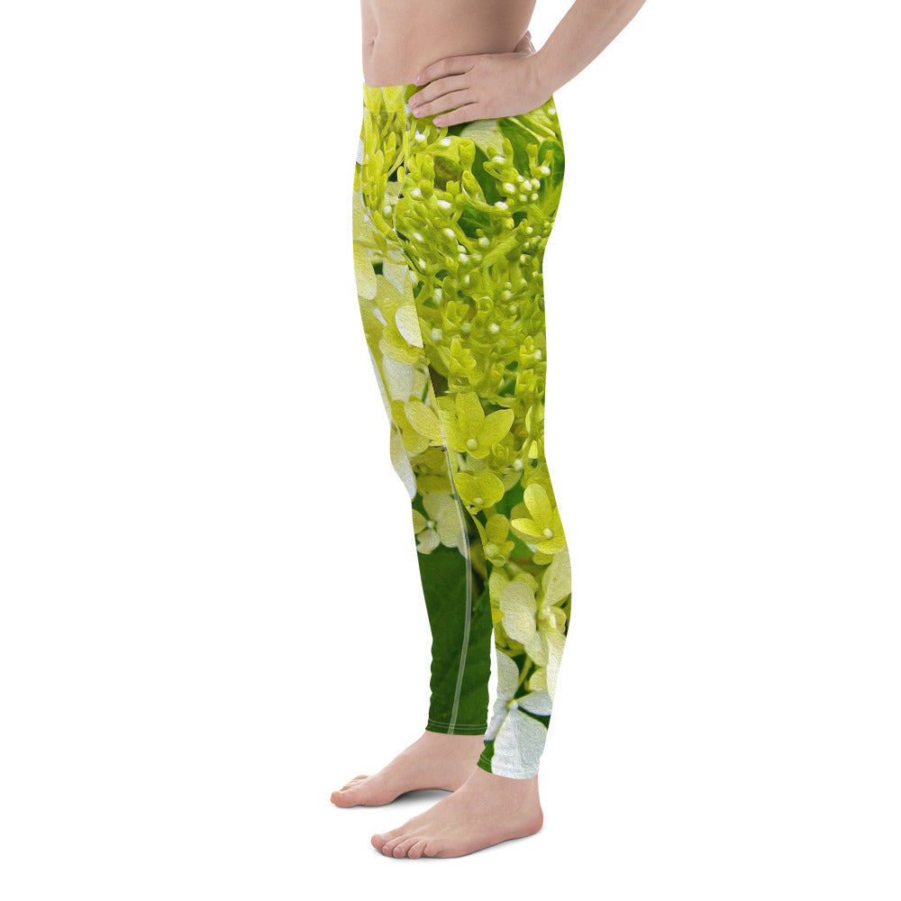 Men's Leggings, Elegant Chartreuse Green Limelight Hydrangea