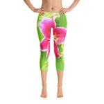 Capri Leggings for Women, Pretty Deep Pink Stargazer Lily on Lime Green