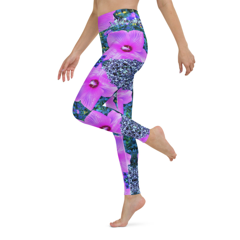 Yoga Leggings, Pink Hibiscus with Blue Hydrangea Foliage