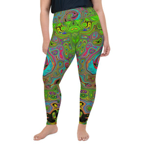 Plus Size Leggings, Groovy Abstract Retro Lime Green and Blue Swirl