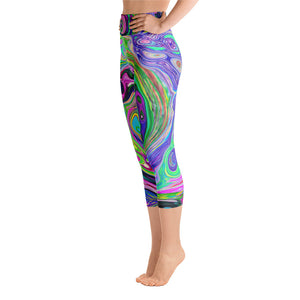 Capri Yoga Leggings, Groovy Abstract Aqua and Navy Lava Swirl