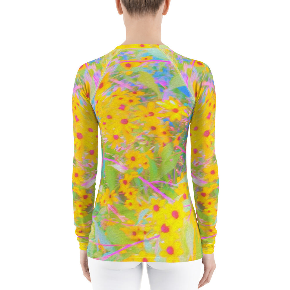 Women's Rash Guard, Pretty Yellow and Red Flowers with Turquoise