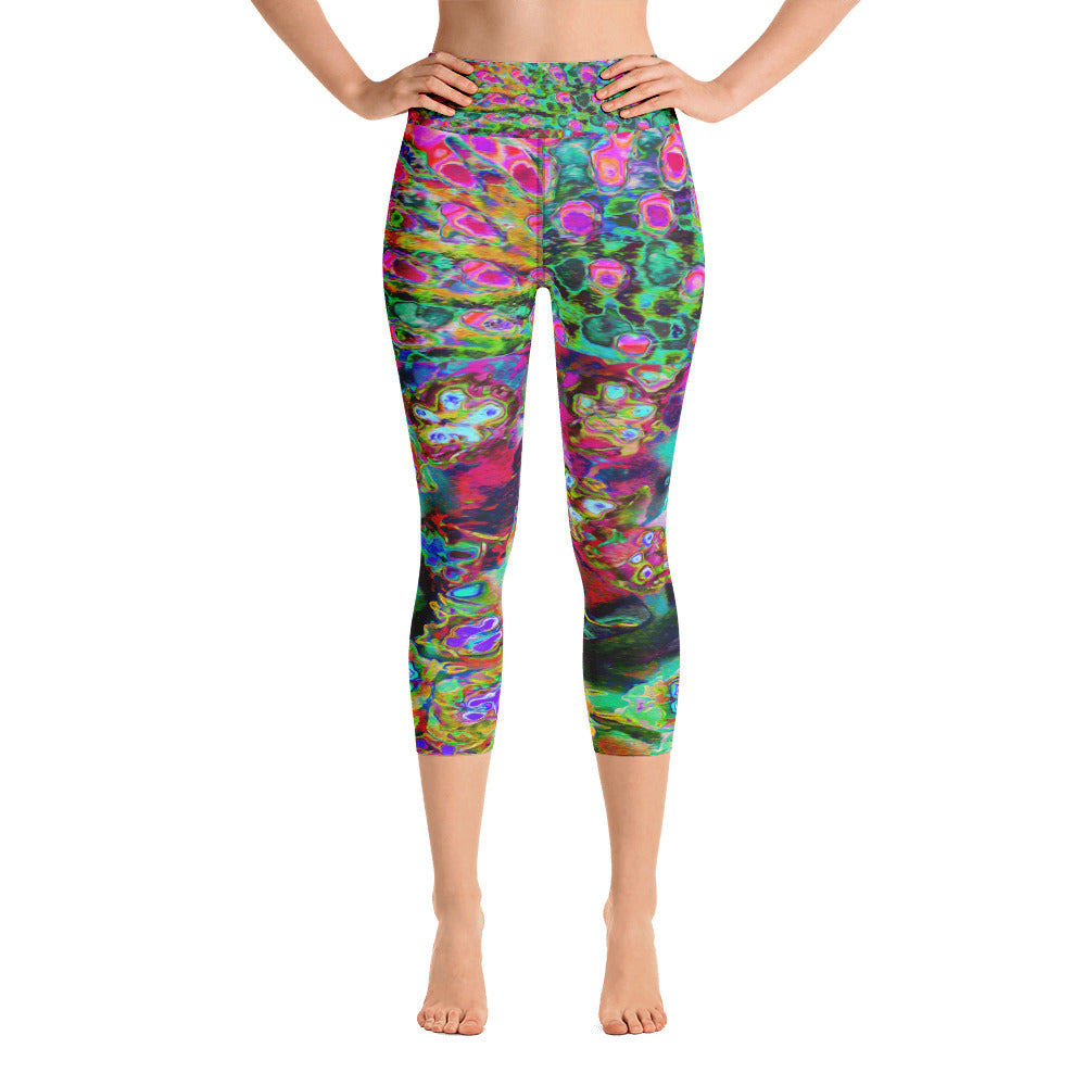 Capri Yoga Leggings, Psychedelic Abstract Groovy Purple Sedum