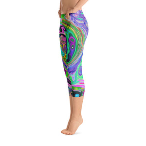 Capri Leggings, Groovy Abstract Aqua and Navy Lava Swirl