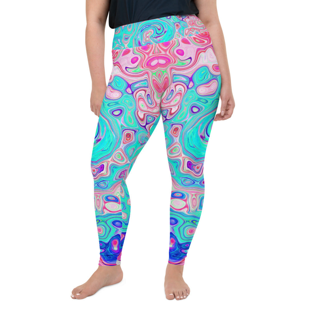 Plus Size Leggings, Groovy Aqua Blue and Pink Abstract Retro Swirl